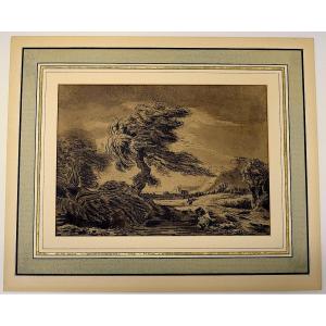 Wash Drawing Northern School 18th Century Stormy Landscape Refm06