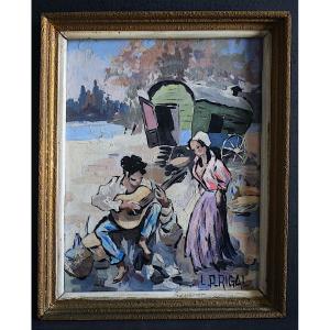 L P Rigal Post Impressionist Camargue Gypsy Couple Caravan Musician Guitar Rt1453