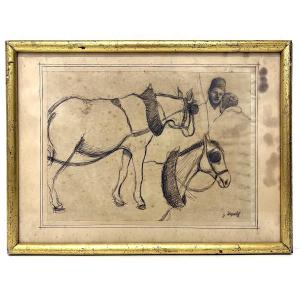 Signed Leopold Drawing Studies Horse And Figures Moroccan Orientalist Refm28