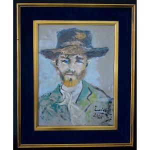 Portrait Of A Man With A Hat Signed To Be Identified XX Th Century Expressionist Rt1458