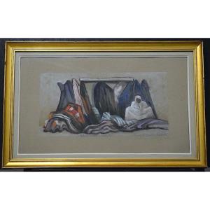 Orientalist Carpet Merchant In Marrakech Gouache Pastel Signed Dated 1964 XX Rt1461