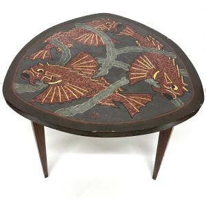 Art Deco Pedestal Table In Scagolia And Fish Oak Legs Rascasse Ref1135