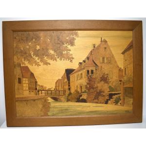 Marquetry Painting Signed Spindler Village In Alsace Wissembourg Ref44