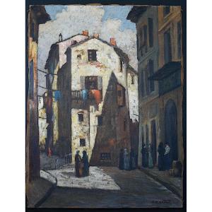 Alfred Quertant (1890–1965) Provençal Village, Bustling Street Scene, Provence Rt1464