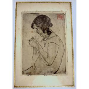 School Of Paris Engraving: Woman Sewing; Monogram; Studio Seal To Be Identified; Refm45