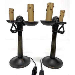 Pair Of Art Deco Bronze Candelabra Table Lamps With Cobra Design Ref. 1150