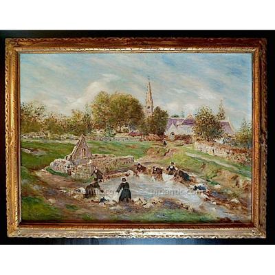 * Henry d' Estienne Breton Washerwomen Impressionist Village Brittany XIX XX Rt4