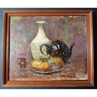 * Pierre Tastemain Signed Still Life Impressionist Fruits Vase Their XX Rt51