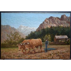 * Tristan Lacroix Cows And Peasant Ploughman In The Mountains 19th Century Rt65