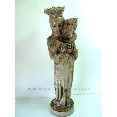 Virgin And Child Earthenware Terracotta Gray Circa 1960 Signed To Identify XX 20th 64 Cm  Ref87