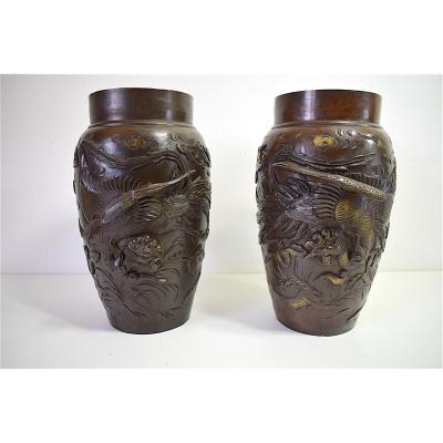 Pair Of Bronze Vases Japan XIXth Fighting Cock Cocktail Japan Ref101