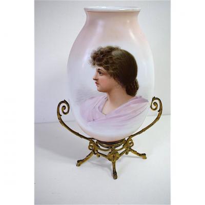 Opaline Vase Mounted Bronze Portrait Of Woman XIX 19th Baccarat Napoleon III  Ref109