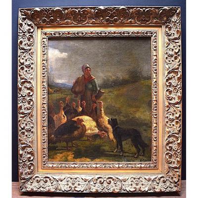 André Cortes Country Landscape Farmer Hen Turkeys XIX 19th Rt104