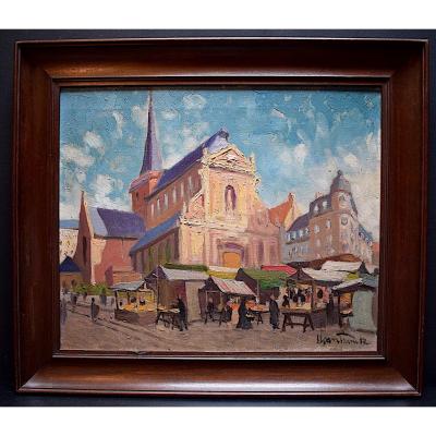 Sloan Franck Signed Paris Place Market Scene Impressionist Church XX 20th Rt108