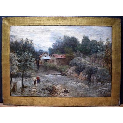 Barbizon Lavandières School Landscape Mountain Animated Unsigned To Identify XIX Rt112