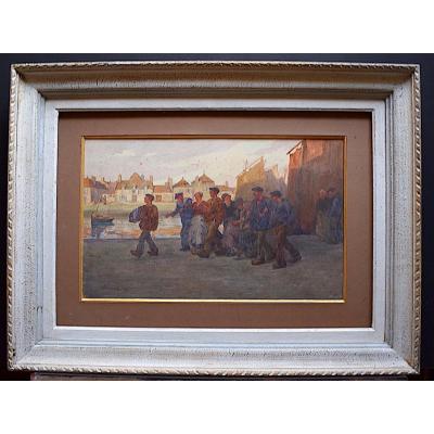 Frédéric Dresel Watercolor Brittany Animated Scene Marine Village Sailors Fishermen Musician XX Rt122