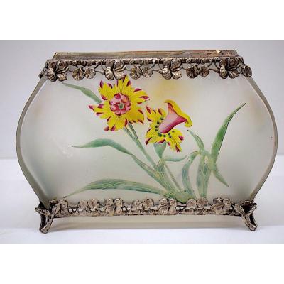 Vase Jardiniere Art Nouveau 1900 Acid Cleared Glass Flowers Silver Metal Jugendstil Ref129