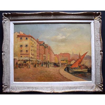 Marine Port Scene Animated Impressionist Boats Signed A Veigalier XX Rt148