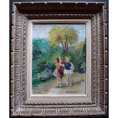 1950s Little Girls Children Garden Park Scene Signed To Identify XX Rt166