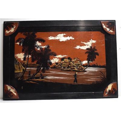 Tray Or Lacquer Panel Signed Indochina Vietnam China Asia XXth Ref01