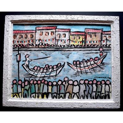 Ecole Sétoise Singular Art Figuration Libre Joute Sétoise Provence Signed To Identify XX Rt203 *