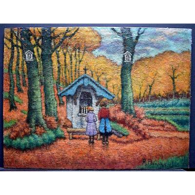 R Flemish Signed Belgian Children Small Chapel Oratory Religion Fauvism XX Rt205