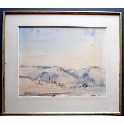 * Hosotte Signed Morvan Vézelay Massive Snow Landscape Watercolor XX Rt207