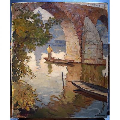 * Gabriel Vié Signed River Bridge Seascape Marine Fishing Fishermen XX Rt209