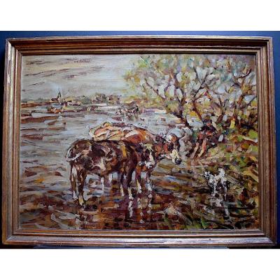 Julius Seyler Germany Post-impressionist Shepherd And Dog Cows Animals XIX XX Rt213