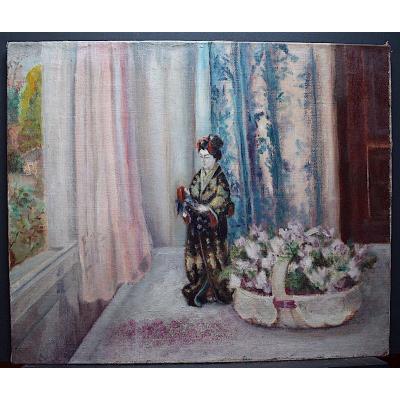 Still Life Flowers Japanese Doll Impressionist Flower Basket XIX Rt227
