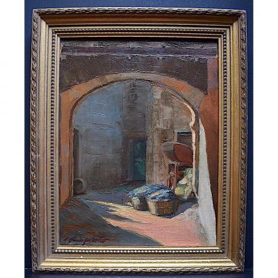 Wine Cellar Wine Grapes Porch Harvest Signed To Identify Impressionist XIX XX Rt237