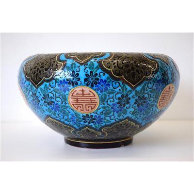 Cache Pot Ceramic Jules Vieillard Bordeaux Emaux Caranza Decor Japonisant XIX Ref145