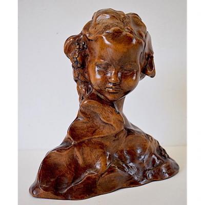 Amedeo Gennarelli Bust Young Girl Carved Wood Art Deco 20th Ref151