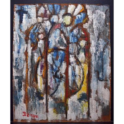 Abstract Modernist Stained Glass Church Interior Religious Signed Serge Or Berge XX Rt251
