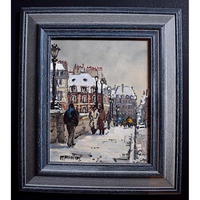 Animated Street Scene Paris Pont Neuf Signed Michel Margueray XX Rt265