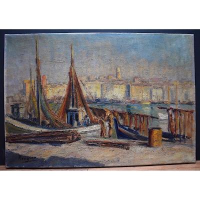 Marine Boat Scene Of Port Fishing Provence Provençal Marseille Signed Rougier XX Rt280