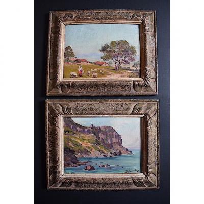 Signed B Sarraillon Pair Marine And Orientalist Landscape Algeria XX Rt281