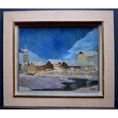 Signed A Jourdan Nocturnal Mountain Snow Christmas Impressionist Village Alpes XX Rt282