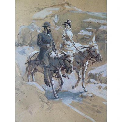 Watercolor Romantic Ballad Donkeys Gallant Scene Early XXth Us Or Ms Monogram Rt285