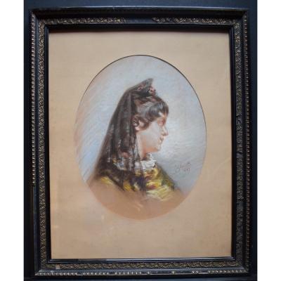J Glenat Signed Pastel Portrait Arlesienne Spain Arles 1887 XIX Rt 307