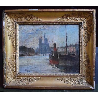 Ten Cate Signed Notre Dame De Paris Impressionist Seascape Seine Bridge Boats 1902 XX Rt325