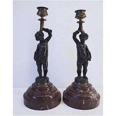 Pair Of Cherub Putti Or Love Candlesticks In Bronze Red Marble XIX Ref163
