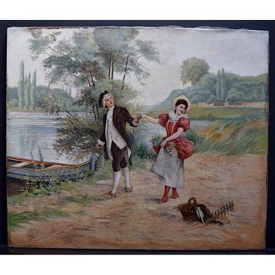 Romantic Gallant Scene XIX Th Monogram Ev 1896 Rt334