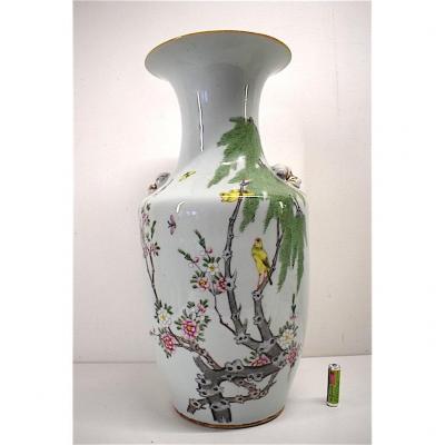 Celadon Chinese Porcelain Vase Decor Birds Insects Flowering Tree Asian Chinese 1900 Ref170