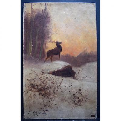 J. Chretien Signed Deer Animal Painting Impressionist Snow Landscape XX Rt358