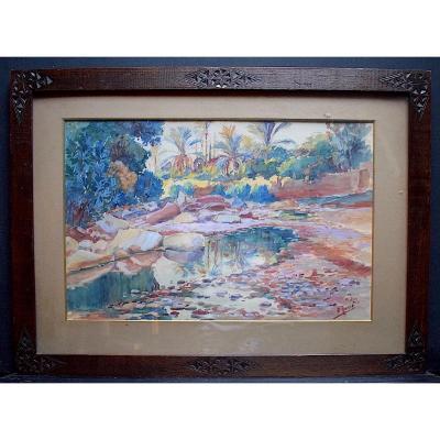 Herzig Edouard Watercolor Orientalist Bou Saâda Algeria Oasis XX Rt362