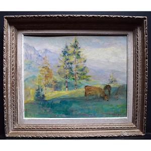 Landscape Mountain Cows Signed To Identify Impressionist XX Rt381