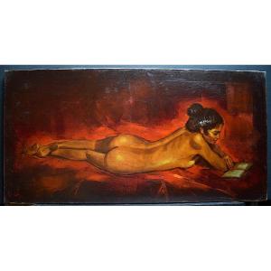 Female Nude Lying Naked Woman Reading Scene Signed Mas To Identify XX Rt384