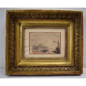 Felix Ziem 2 Views Recto Verso De Venise Marine Ink Lavis Stamp Workshop XIX Rt392