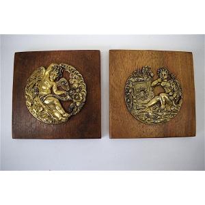 Pair Medallion or Door Miniature XVIII Bronze Decor Angelot and Love Ref269